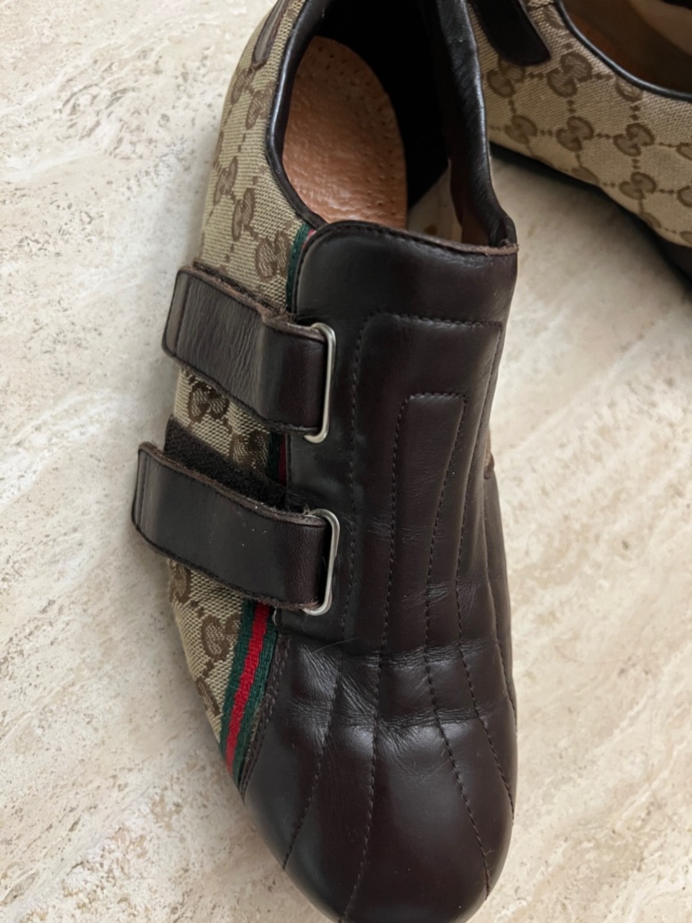 Gucci Brown Leather & GG Canvas Velcro Men’s Sneakers with Web Stripe - Picture 11 of 13